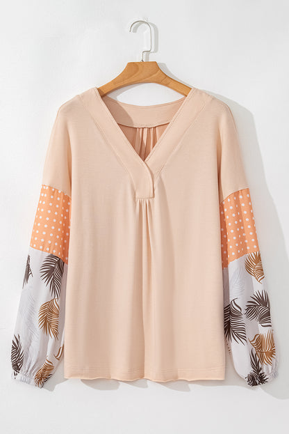 Jet Stream – Lockere Bluse mit Palmenblättern und Punkten, Puffärmeln, Patchwork, V-Ausschnitt