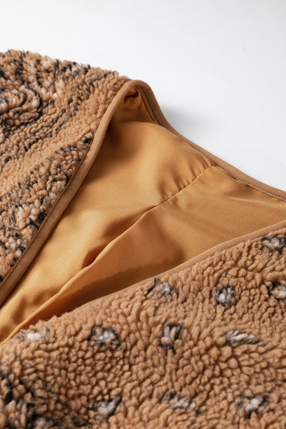 Brown Sherpa Paisley Print Pocketed Western Fashion Vest Jacket