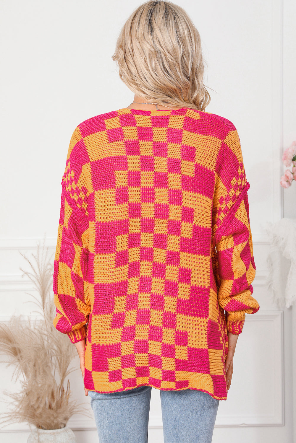 Mehrfarbige Strickjacke mit offenem Vorderteil und gemischtem Karomuster