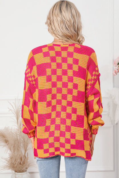 Mehrfarbige Strickjacke mit offenem Vorderteil und gemischtem Karomuster