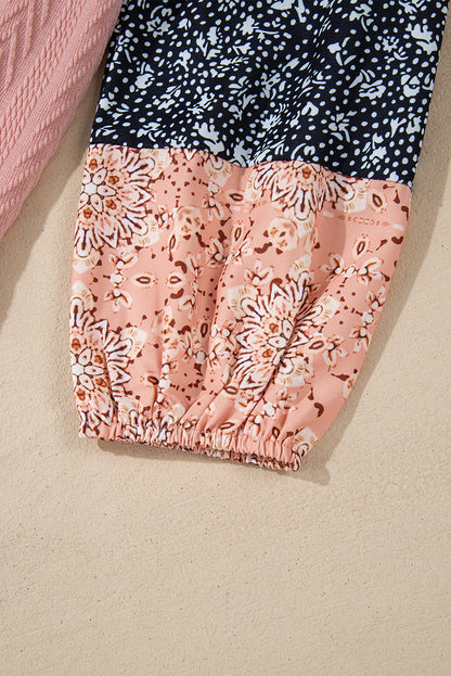 Altrosa Bluse mit V-Ausschnitt und floralem Patchwork-Muster und Kordelzug