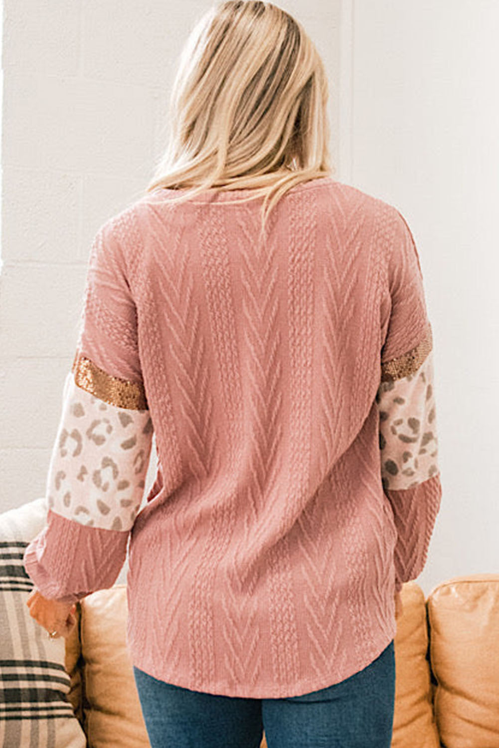 Rosa Strickoberteil mit Leopardenmuster und Pailletten