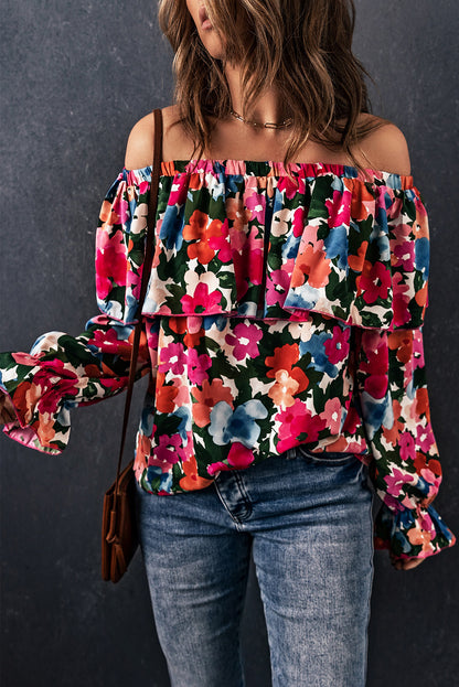 Schulterfreie Bluse mit Blumenmuster und Rüschen