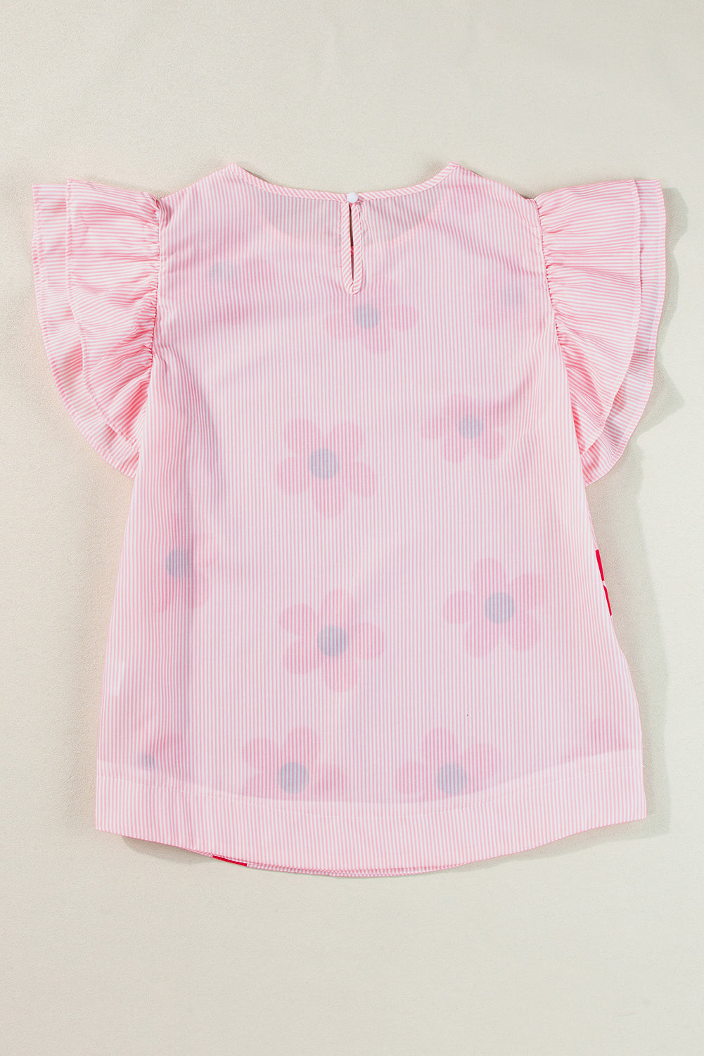 Rosa Bluse mit Nadelstreifen und Blumenmuster, Rüschen und Flatterärmeln