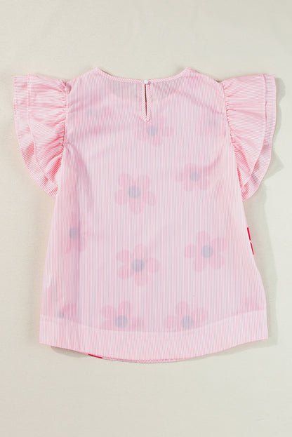 Rosa Bluse mit Nadelstreifen und Blumenmuster, Rüschen und Flatterärmeln