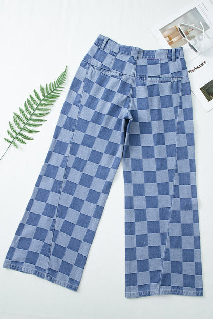 Abendblaue Jeans mit weitem Bein und Karomuster