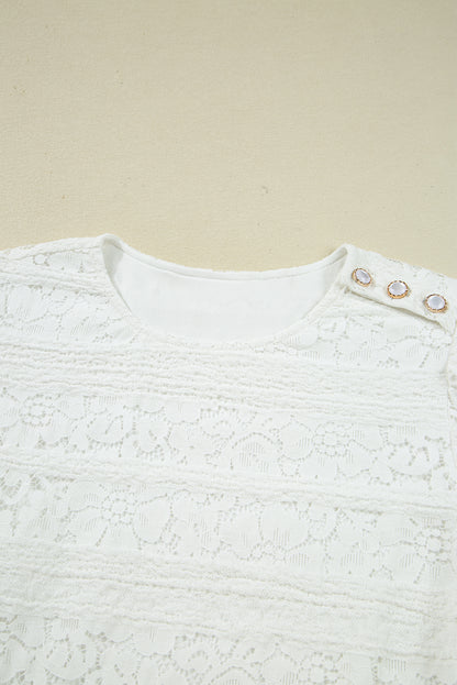 White Lace Crochet Round Neck Puff Sleeve Shift Mini Dress