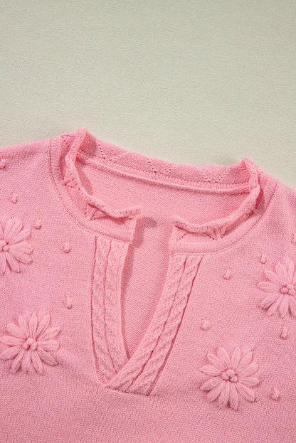 Gestrickter Pullover mit gekerbtem Kragen und Pfirsichblüten-Detail