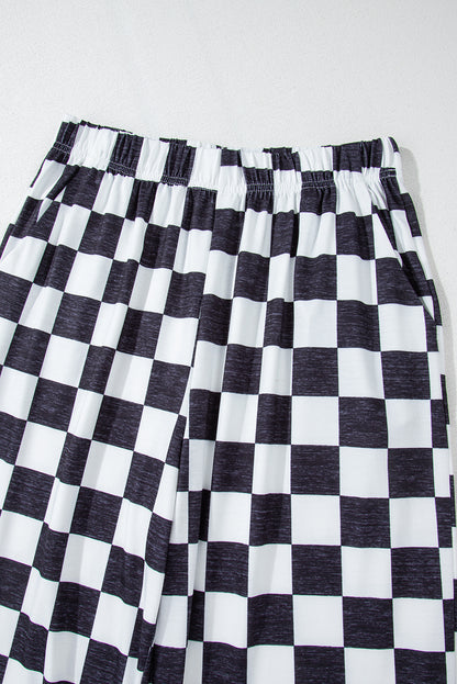 Schwarze Hose mit weitem Bein und hoher Taille im zweifarbigen Karomuster