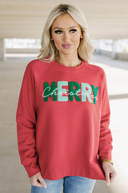 Feurig-rotes Chenille-Sweatshirt „MERRY Christmas“ mit Raglanärmeln