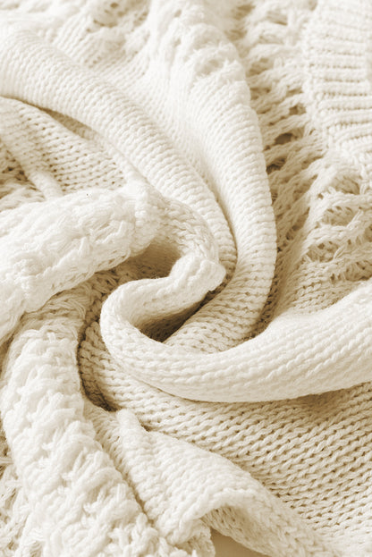 Weißer, einfarbiger Pointelle-Strickpullover mit Puffärmeln