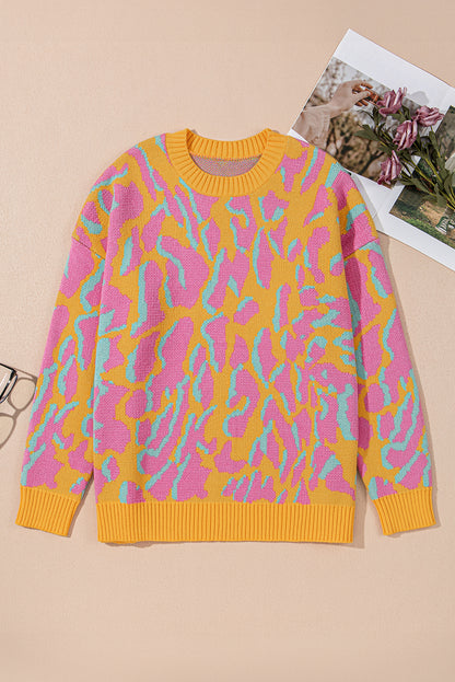 Leuchtend rosa Pullover mit geripptem Leopardenmuster in Übergröße