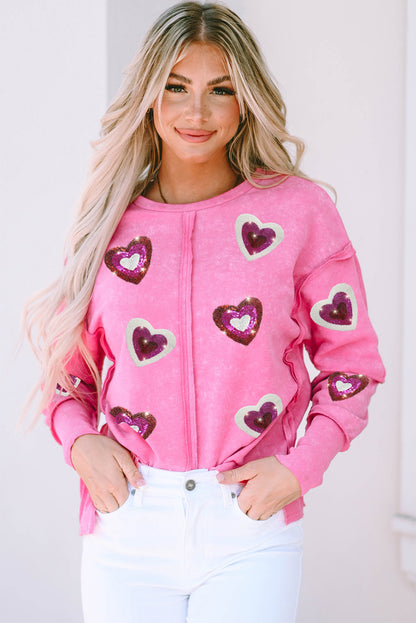 Pullover-Sweatshirt in Herzform mit Rosenpailletten und sichtbaren Nähten