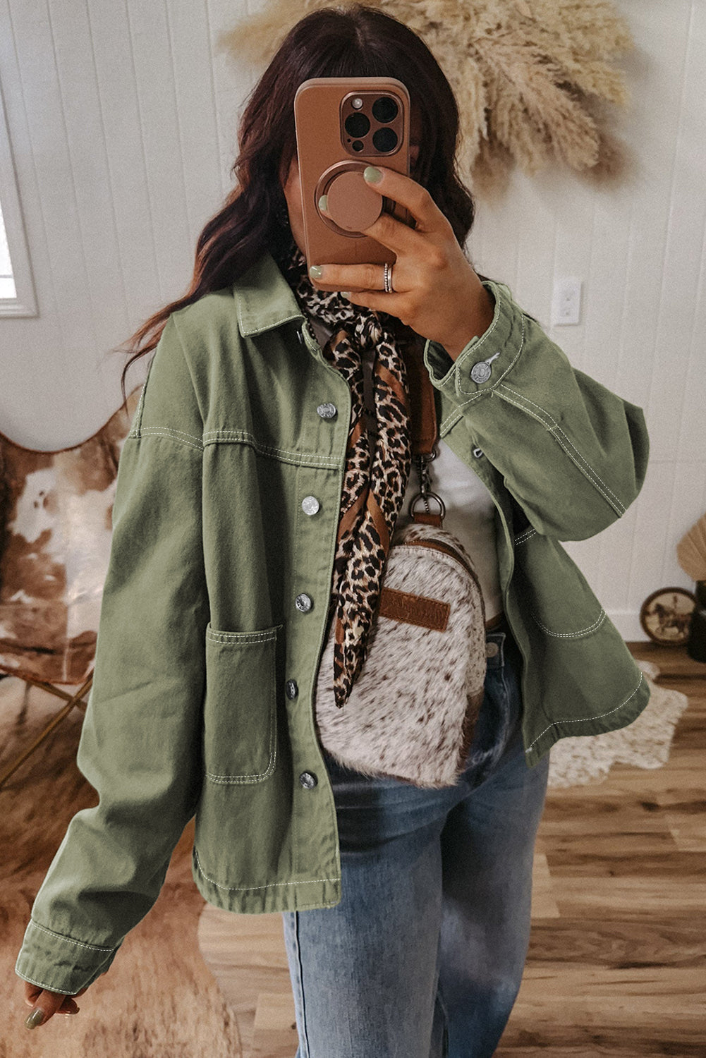 Smoke Green Patched Pocket Collared Button Front Boyfriend Denim Jacket