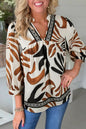 Brown Abstract Print Puff Sleeve Loose Blouse