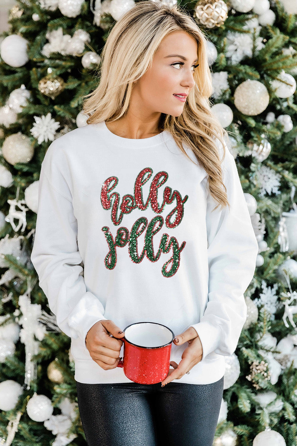 Weißes Weihnachts-Sweatshirt mit Pailletten und Holly Jolly-Grafik