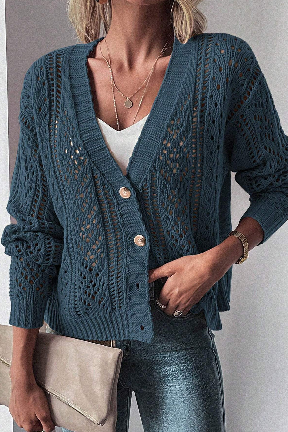 Real Teal Offener Strickpullover mit überschnittenen Schultern