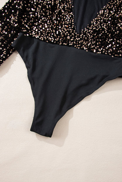 Schwarzer Bodysuit mit tiefem V-Ausschnitt und Pailletten und Puffärmeln