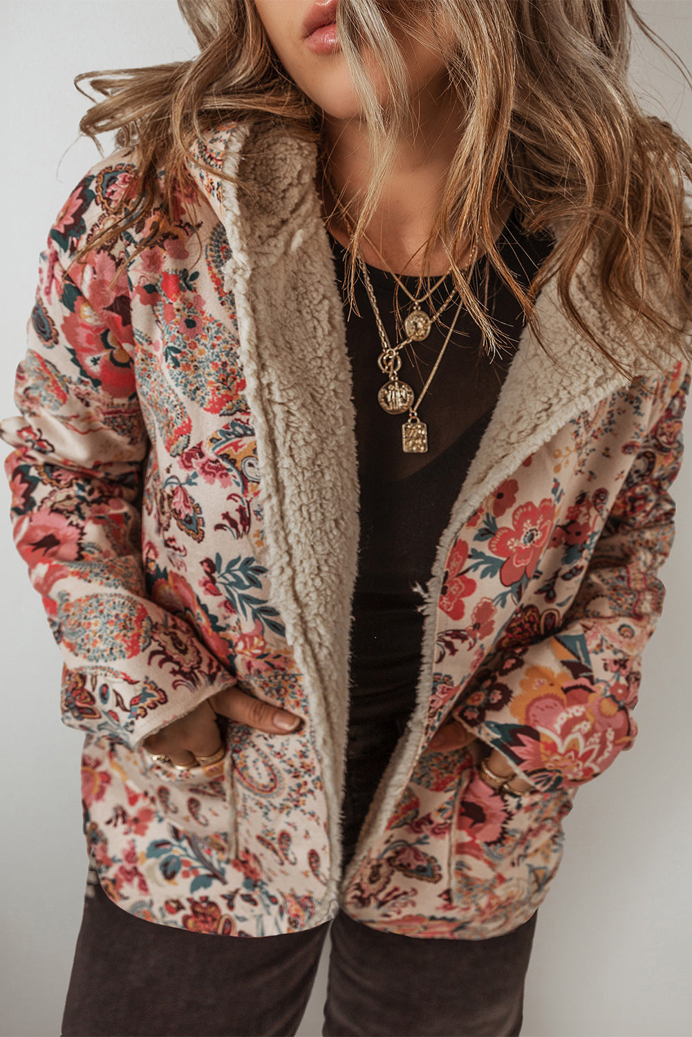 Beige Vintage Paisley Blumendruck Sherpa-gefütterte Kapuzenjacke