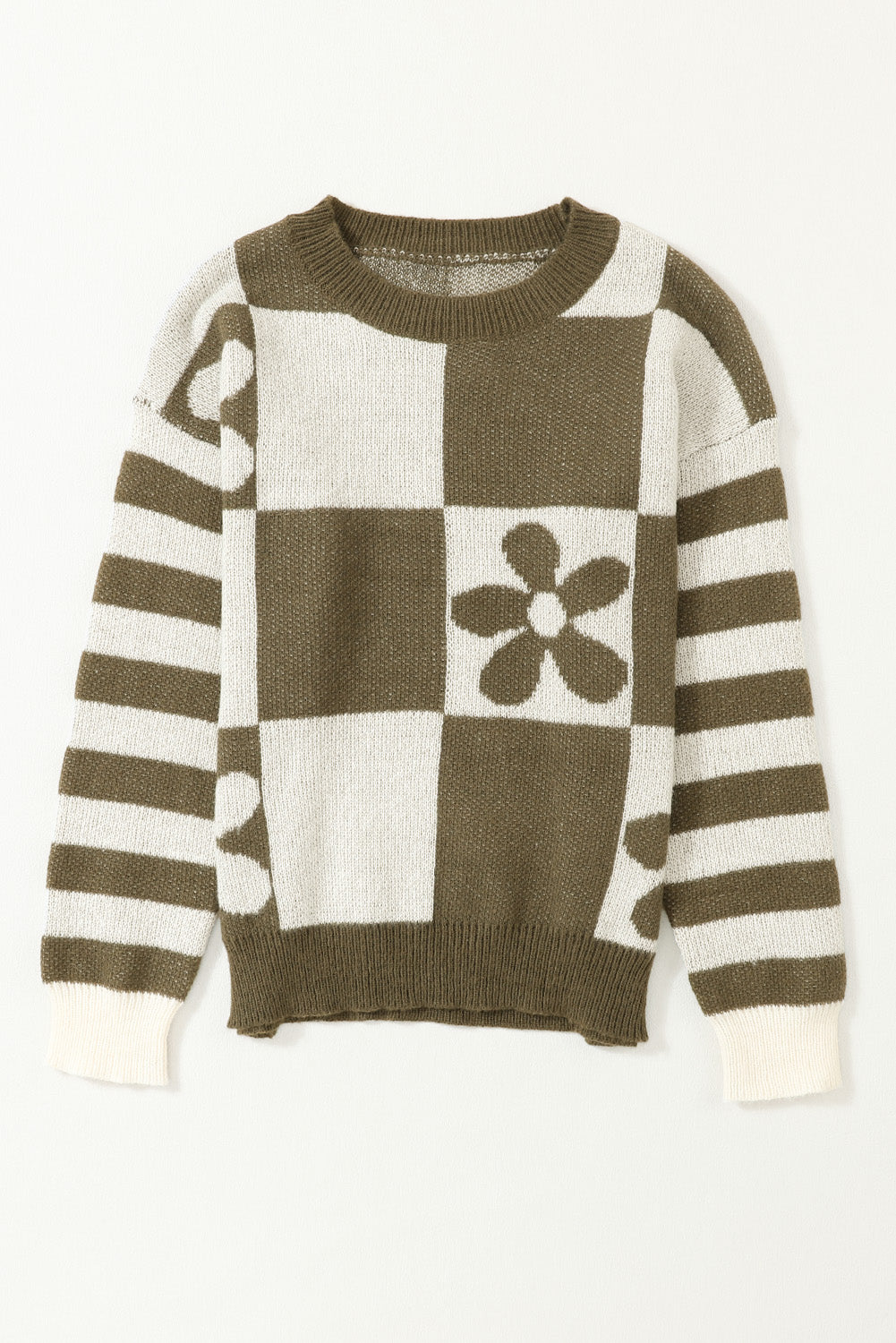 Grün karierter Pullover mit Blumenmuster und gestreiften Ärmeln
