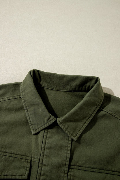 Moosgrüne Jacke mit Druckknopf-Reißverschluss und engem Taillenkragen