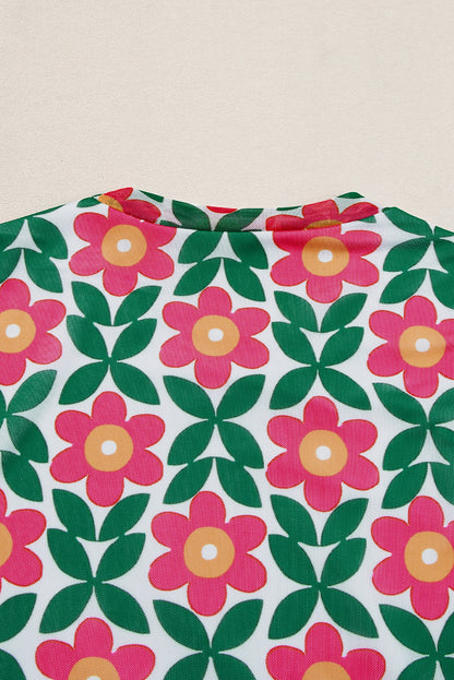 Feurig rotes T-Shirt mit Rundhalsausschnitt und Retro-Blumendruck