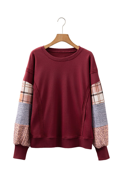 Red Sandalwood Plaid Colorblock Patchwork Sleeve Raw Seam Sweatshirt