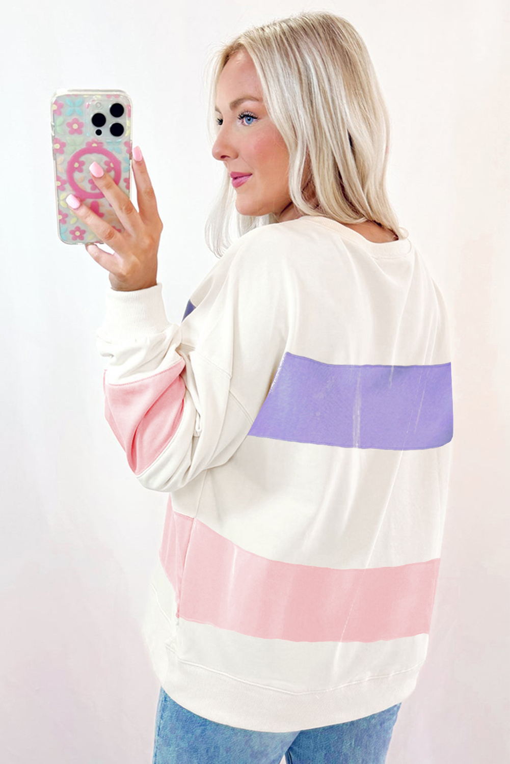 Beiges Sweatshirt mit Rundhalsausschnitt und Patchwork-Farbblockdesign mit überschnittener Schulter