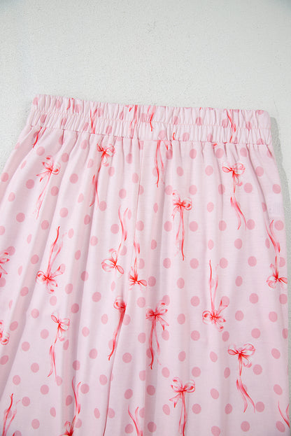 Rosa Lounge-Set mit kurzärmligem Oberteil und Schleife und Punktemuster