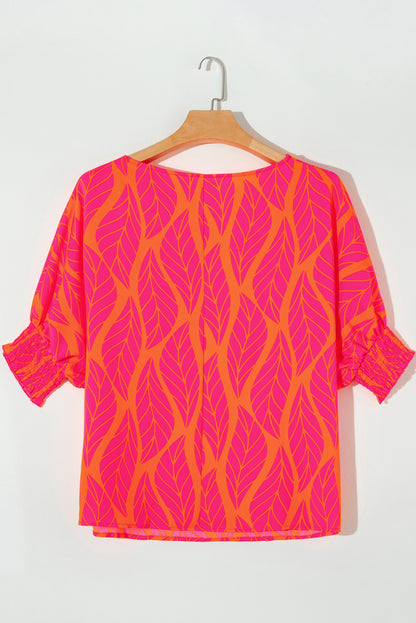Bluse mit gesmokten Laternenärmeln und Rosenblatt-Print in Übergröße