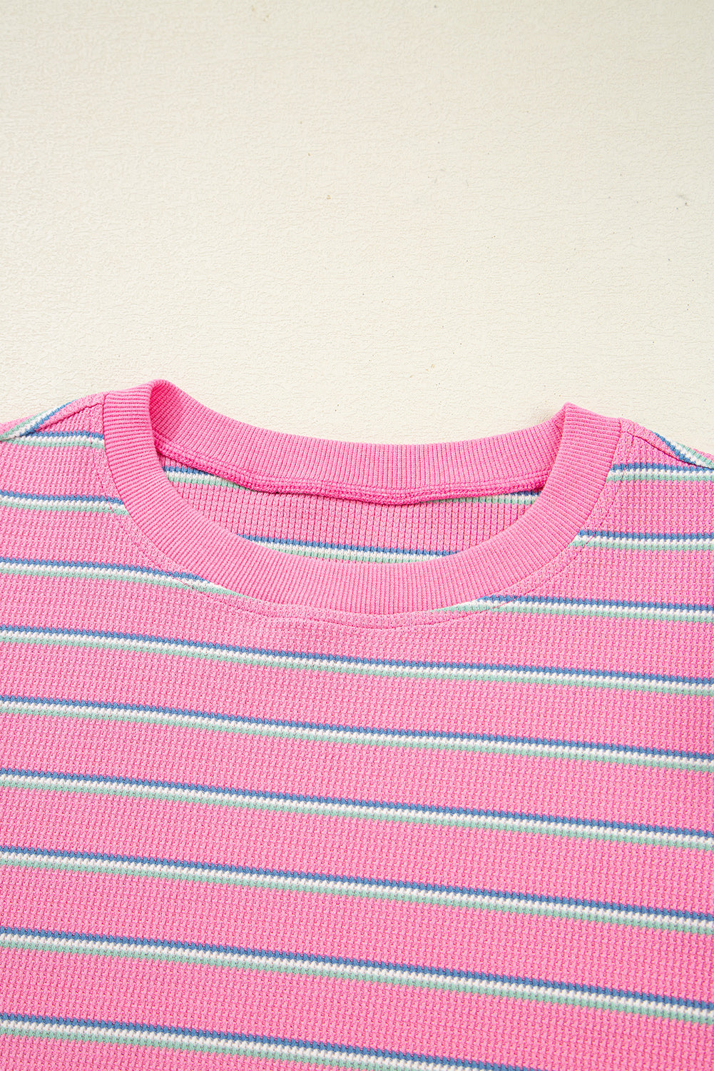 Rose Stripe Textured Knit Round Neck Long Sleeve Top