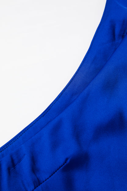 Dunkelblaue asymmetrische Satinbluse mit Glockenärmeln und One-Shoulder-Träger