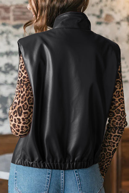 Black Double Flap Pocket Faux Leather Zip Up Stand Neck Vest