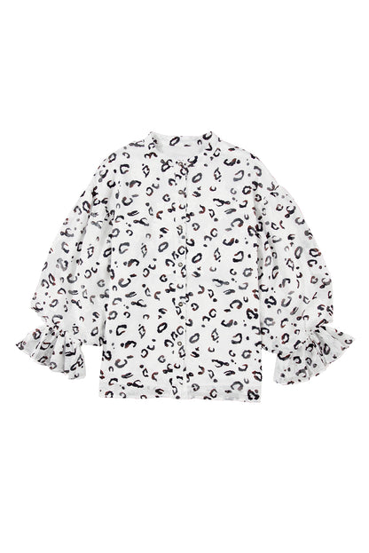 White Leopard Print Button up Ruffled Sleeve Shirt