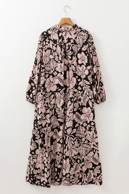 Schwarzes Maxikleid mit Blumenmuster und Kragen in Übergröße