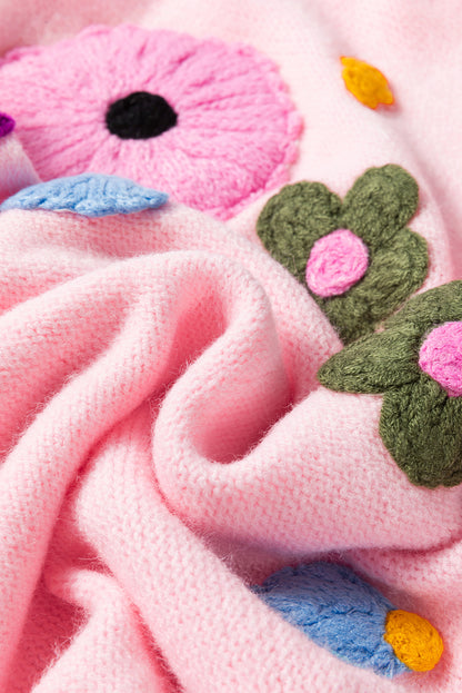 Rosa Strickpullover mit Blumenmuster und geripptem Rand