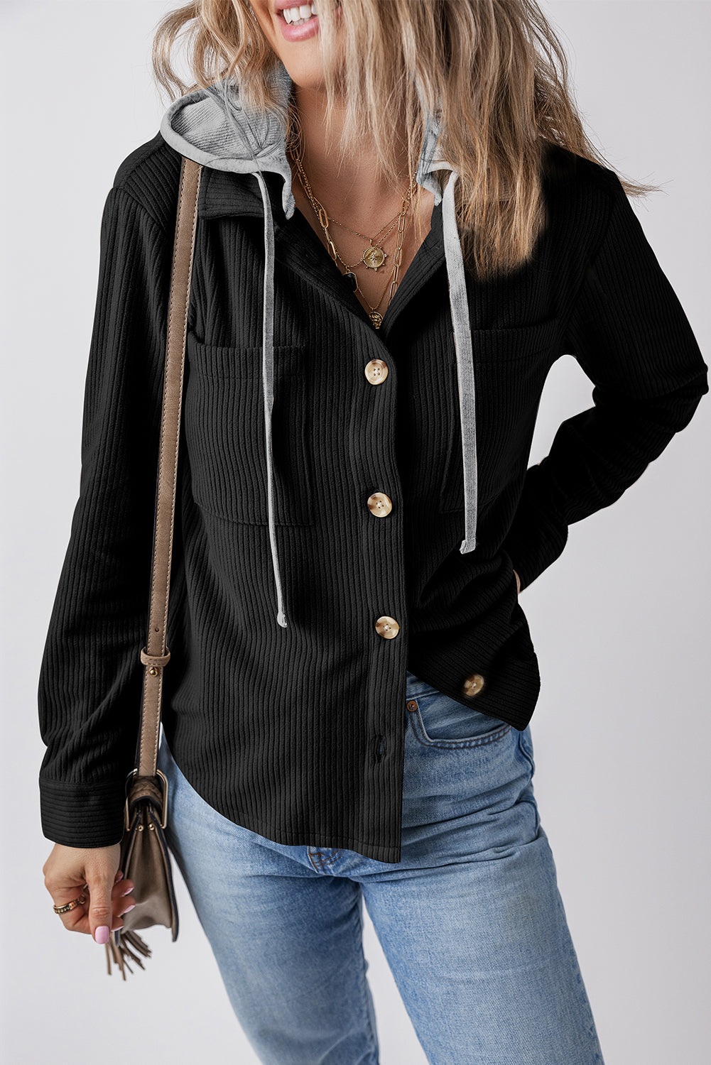Schwarze Cordjacke mit Kapuze, Kordelzug und Taschen