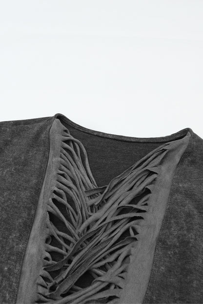 Schwarzer offener Cardigan mit Fransensaum und Taschen