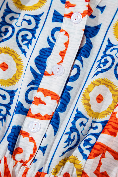 Oranges Boho-Maxikleid mit geometrischem Print und langen Ärmeln
