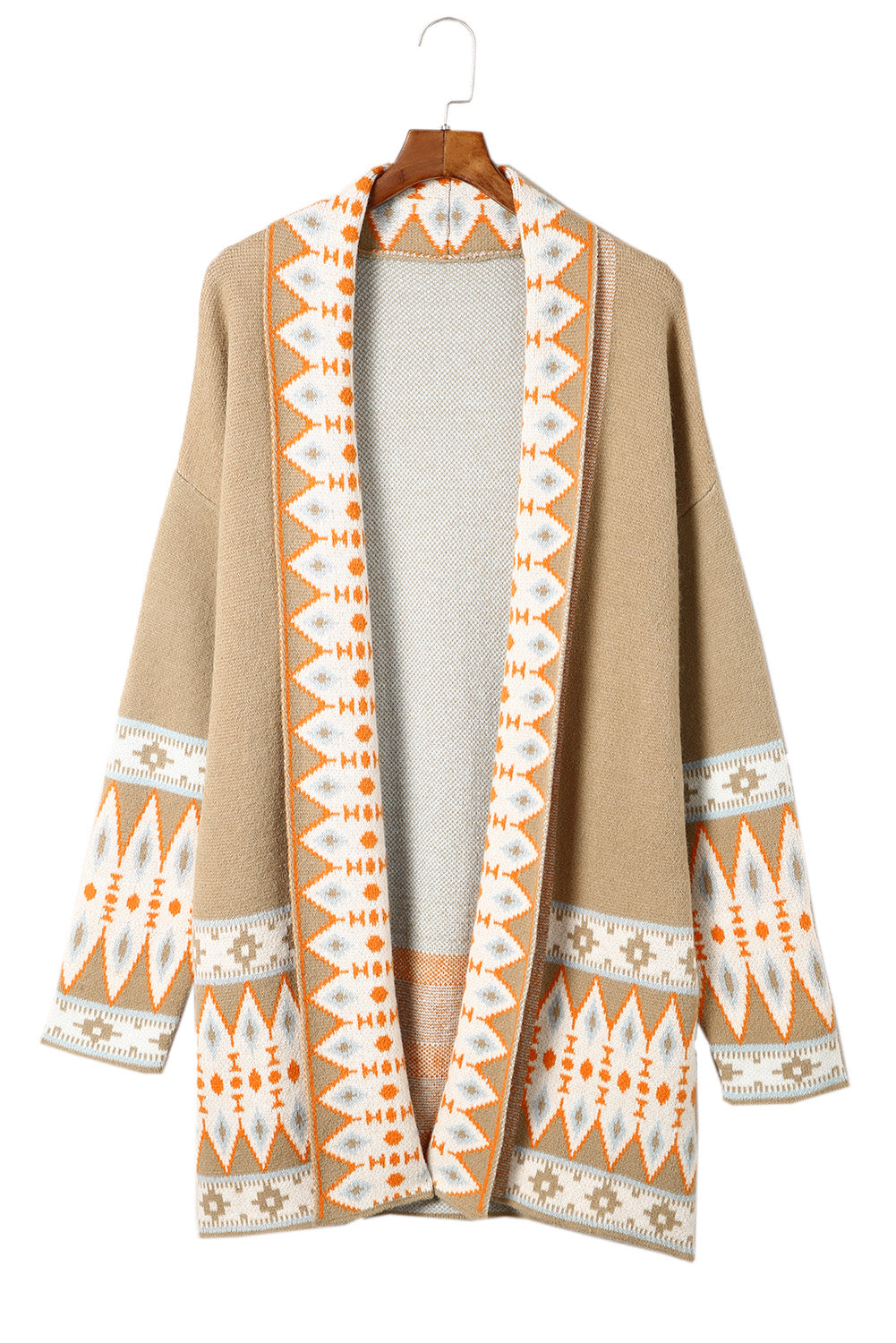 Khakifarbene Strickjacke mit Aztekenmuster und offener Vorderseite