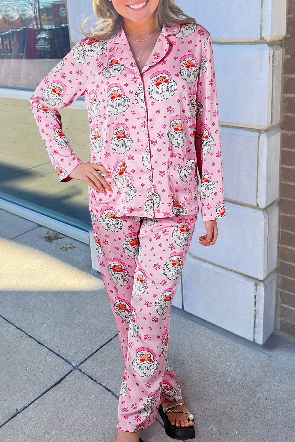 Rosa Weihnachtsmann Schneeflocke Langarmshirt Weihnachtspyjama-Set