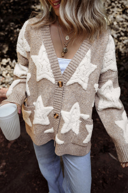 Khakifarbener Sherpa-Strickpullover mit Sternenmuster und Taschen
