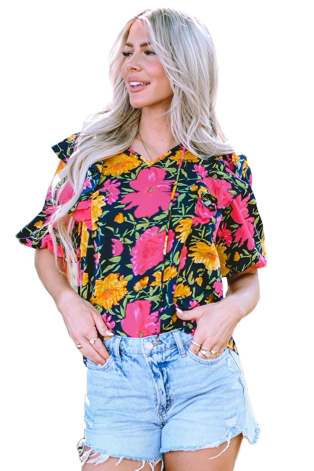 Rose Red Floral Bubble Sleeve Notch V Neck Ruffled Blouse