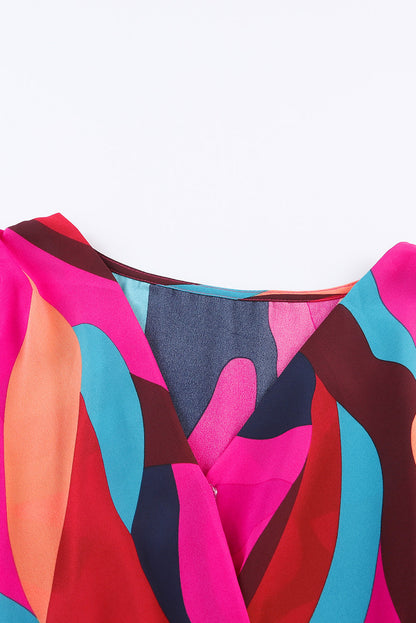 Feuerrotes Minikleid mit abstraktem Print und Gürtel und Puffärmeln