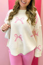 Pink Bow Print Ribbed Trim Exposed Seam Drop Shoulder Loose Sweater