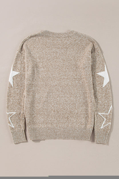 Khakifarbener Pullover mit überschnittener Schulter und Sternmuster