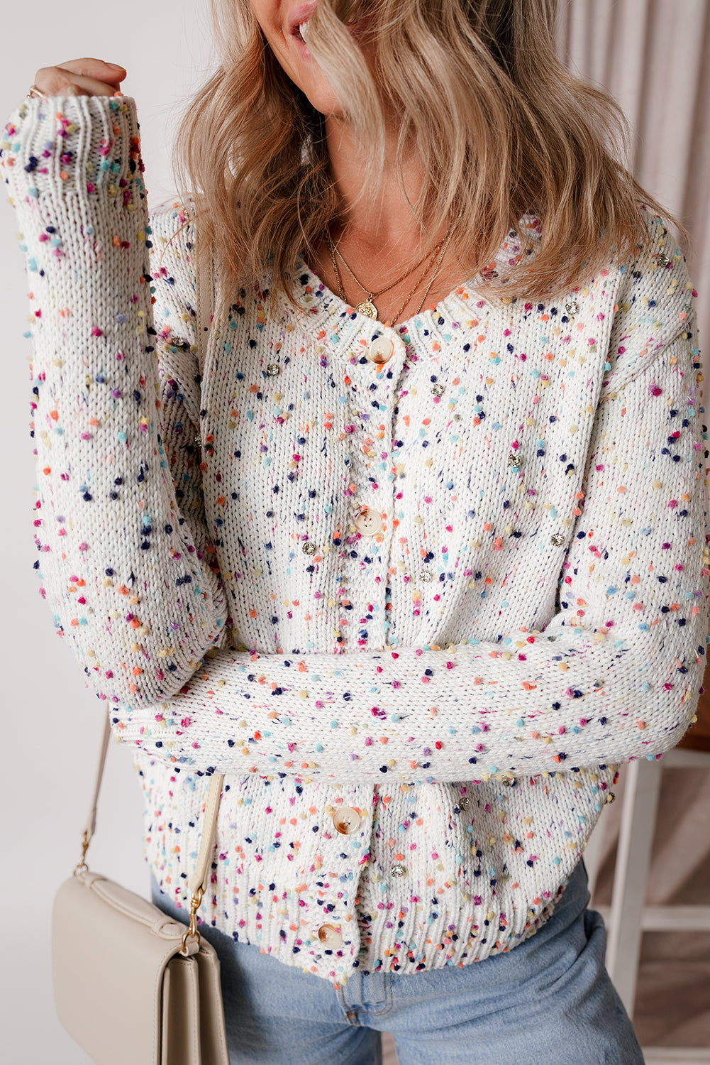 Weißer mehrfarbiger Konfetti-Pullover-Cardigan