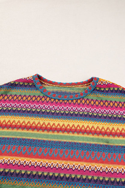Rosarotes, mehrfarbiges, langärmliges Jacquard-T-Shirt mit geometrischem Muster