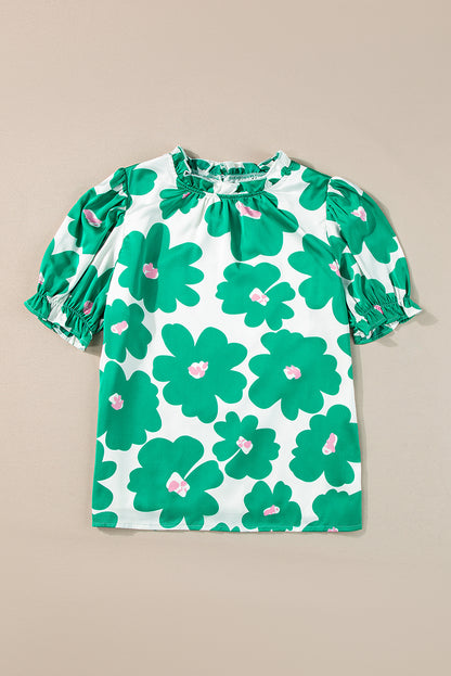 Grüne Bluse mit Blumenmuster, Puffärmeln und Rüschenausschnitt