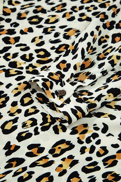 Khaki Leopard Print Contrast Striped V Neck Blouse